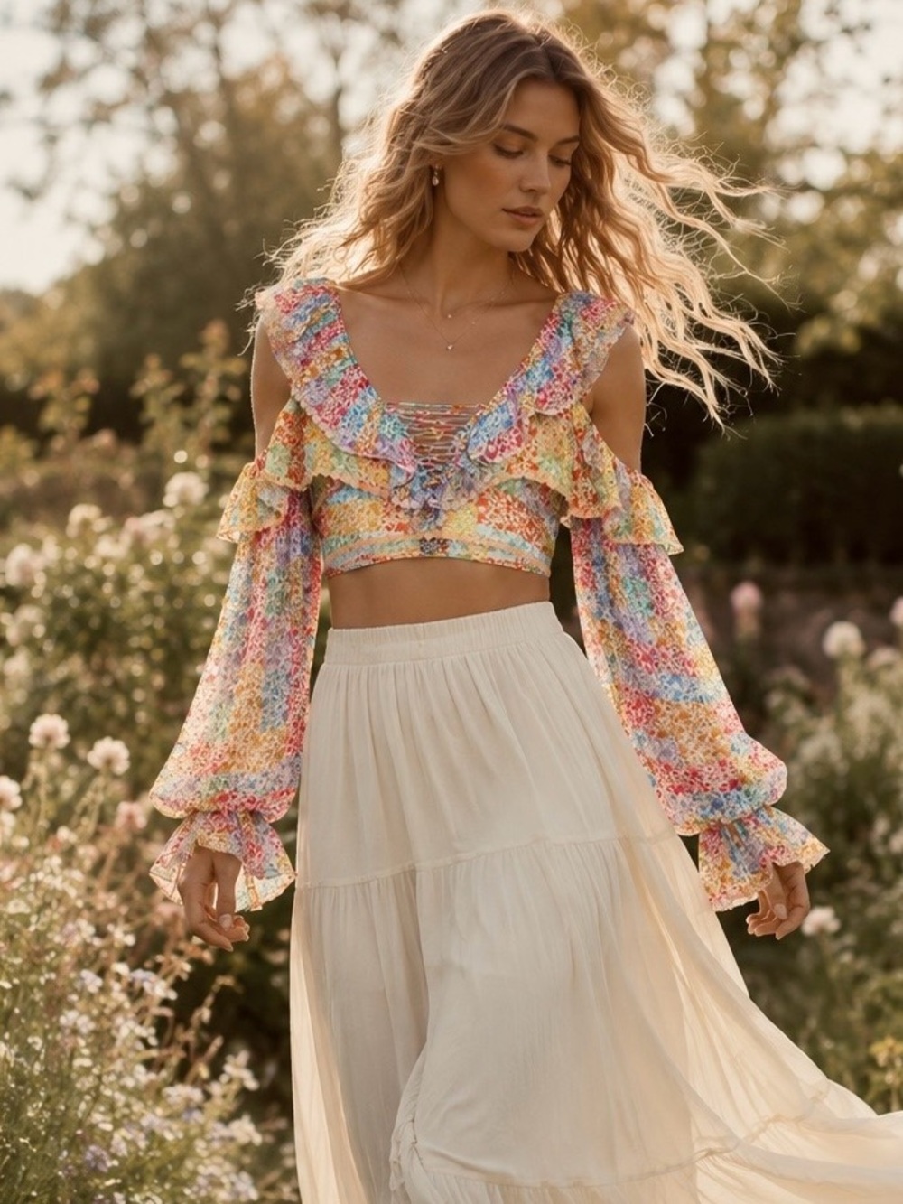 IXIAH Eden Cropped Silk Blouse Long Sleeve 4 NWT Multicolor